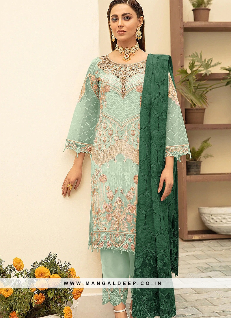 Green Color Georgette Heavy Multy Thred Semi Stitched Suits