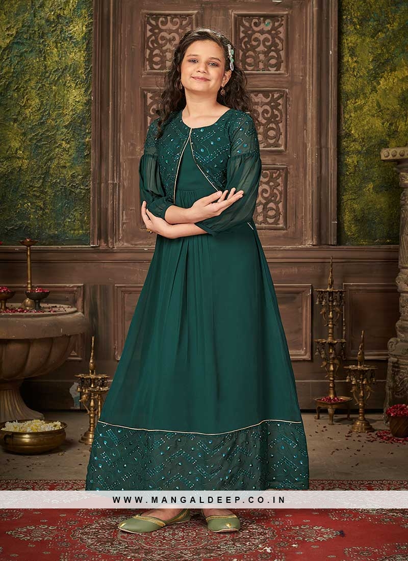 Green Color Georgette Kids Gown