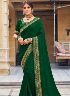 Green Color Georgette Lace Border Saree