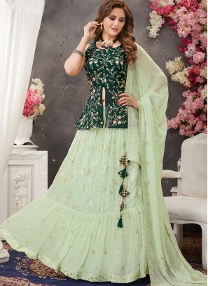 Green Color Georgette Lehenga With Long Choli