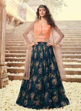 Green Color Georgette Printed Readymade Lehenga