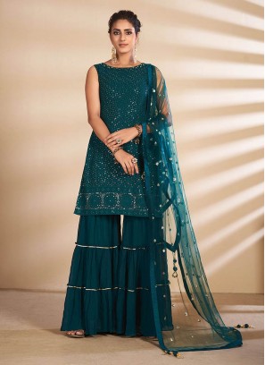 Green Color Georgette Readymade Sharara Suit