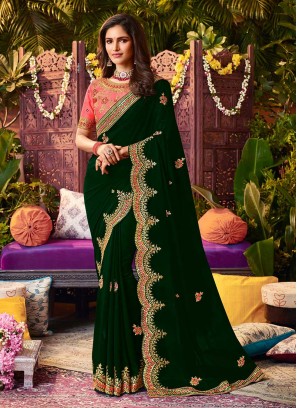 Green Color Georgette Resham Work Saree