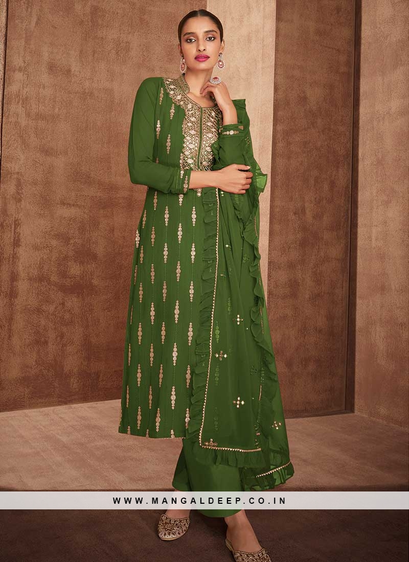 Mehndi Green Suit Set With Chanderi Dupatta - Zakarto