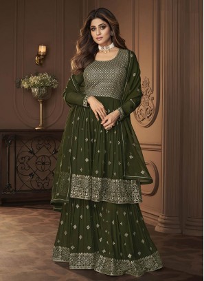 Green Color Georgette Sequins Embroidered Plazzo Suit