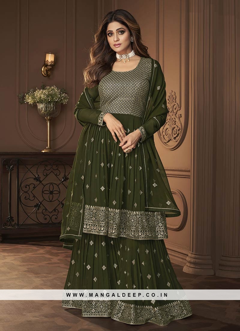 Green Color Georgette Sequins Embroidered Plazzo Suit