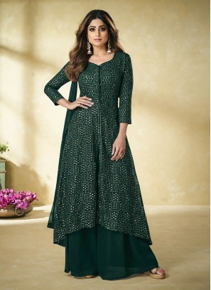 Green Color Georgette Sequins Embroidered Plazzo Suit