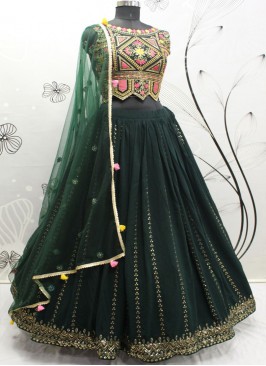 Green Color  Georgette Sequins Embroidered Work Semi Stitch Lehenga Choli