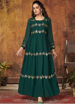 Green Color Georgette Sequins Work Gown