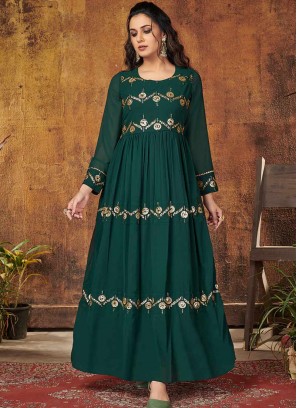 Green Color Georgette Sequins Work Gown
