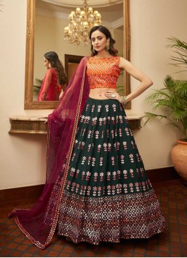 Green Color Georgette Sequins Work Lehenga