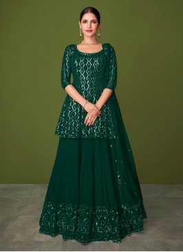 Green Color Georgette Sequins Work Straight Cut Suit