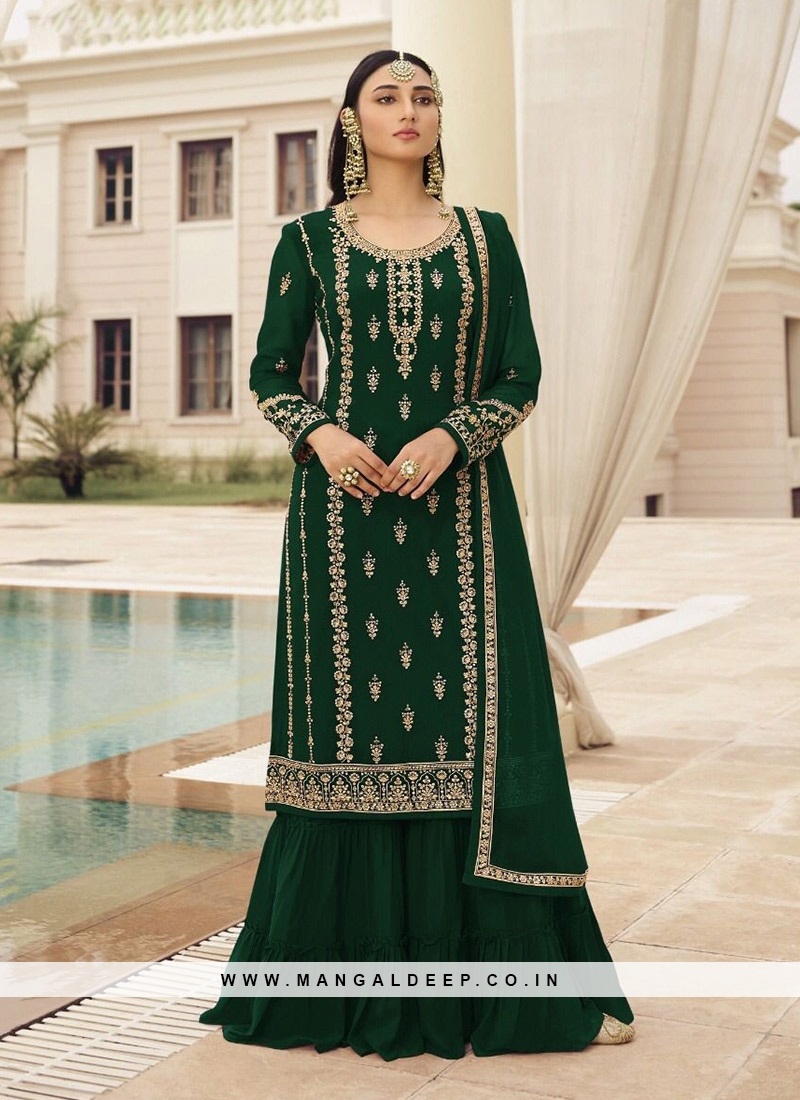 RF - Green color faux Georgette Palazzo Suit.