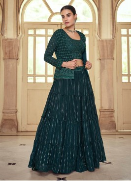 Green Color Georgette Thread Work Lehenga With Jacket