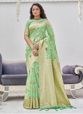 Green Color Linen Wevon Saree For Women