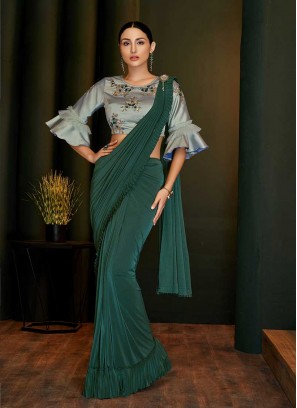 Green Color Lyrca Frill Saree
