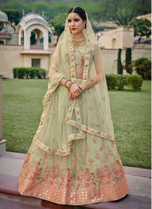 Green Color Net Daimond Work Lehenga