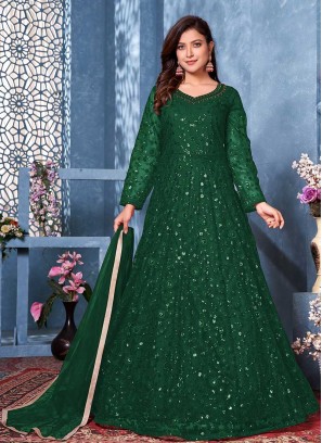 Green Color Net Floor Length Suit