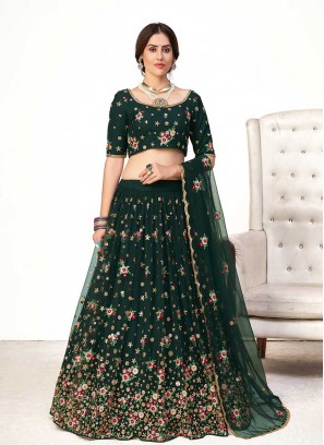 Green Color Net Mehndi Wear Lehenga