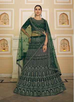 Green Color Net Mirror Ebroidered Lehenga For Mehndi