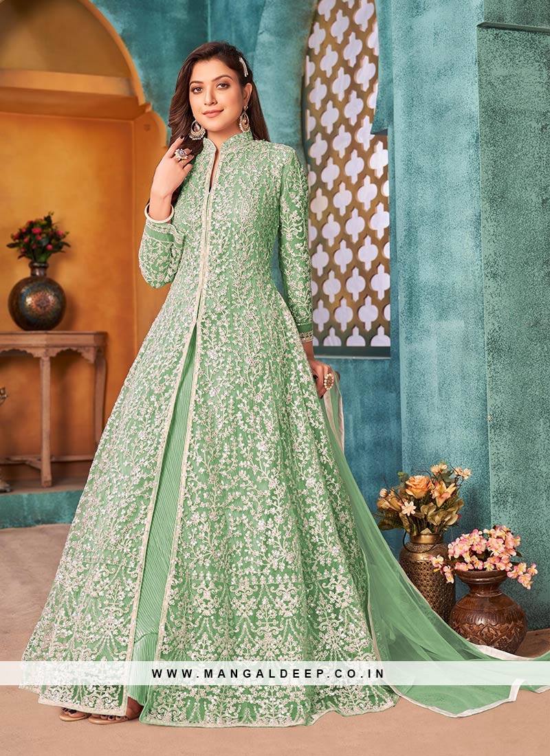 Green Color Net Sequins Embroidered Long Suit