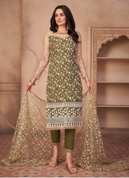 Green Color Net Thread Work Straight Cut Suit