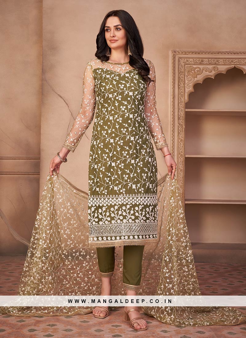 Green Color Net Thread Work Straight Cut Suit
