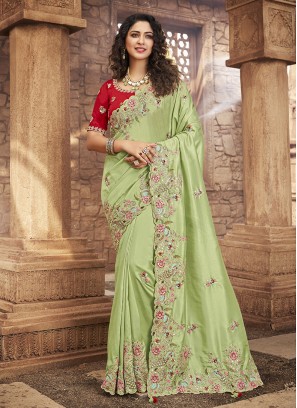 Green Color Organza Sequins Work Saree