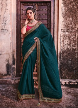 Green Color Organza Silk Lace Border Saree