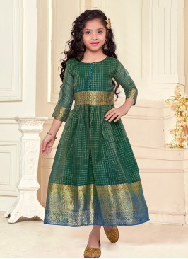 Green Color Organza Silk Little Girl Kurti