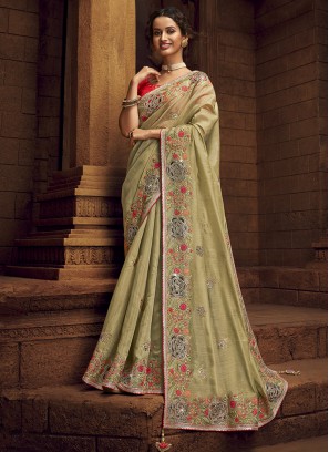 Green Color Organza Wedding Wear Saree