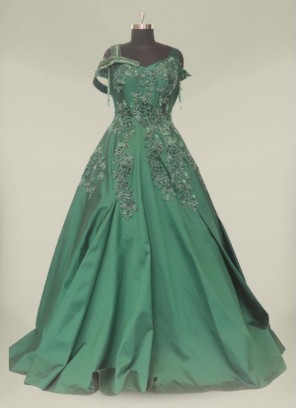 Green Color Pearls Work Reception Dress