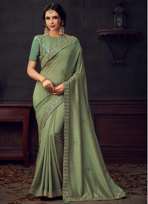 Green Color Poly Silk Saree With Unstitched Blouse