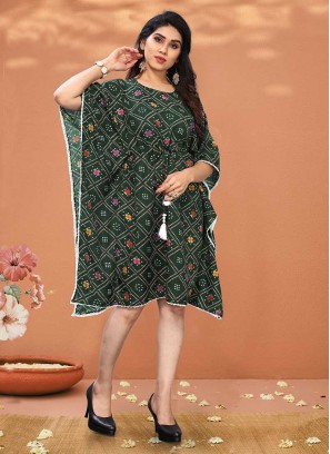Green Color Printed Crepe Kaftan