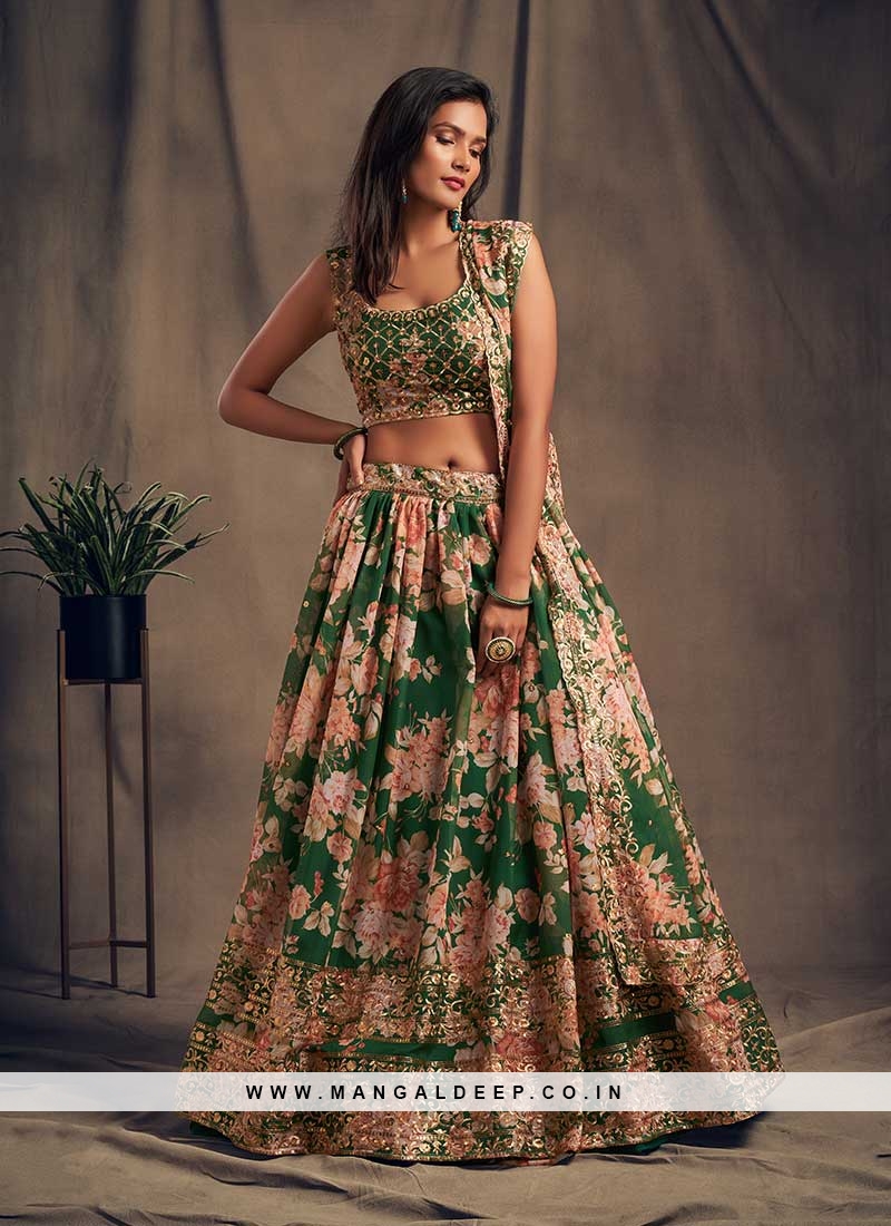 Green Color Printed Party Wear Lehenga