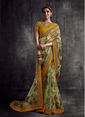 Green Color Printed Saree With Heavy Blouse