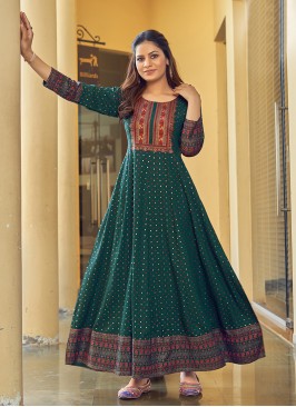 Green Color Rayon Anarkali Gown