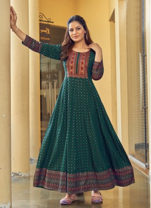 Green Color Rayon Anarkali Gown