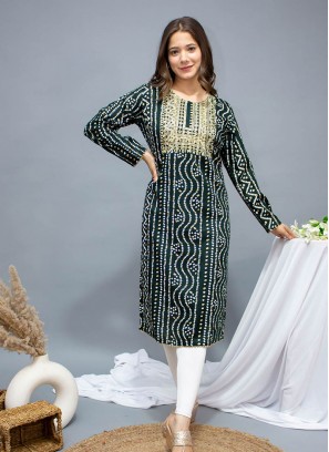 Green Color Rayon Bandhej Print Kurti