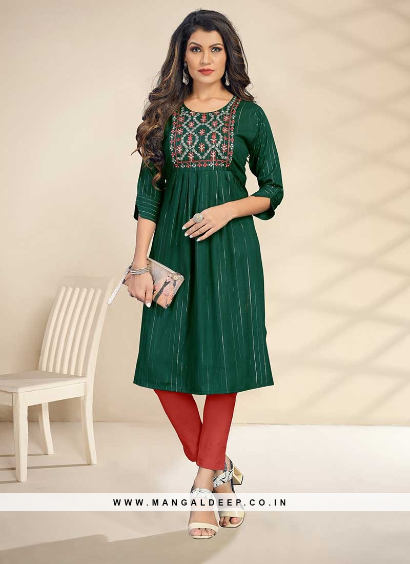Green Color Rayon Embroidered Special Maternity Kurti