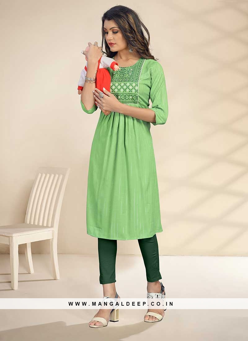 Green Color Rayon Embroidered Special Maternity Kurti