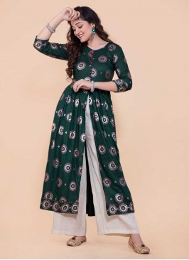 Green Color Rayon Front Cut Style Kurti