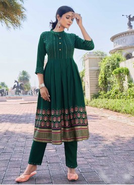 Green Color Rayon Kurti With Bottom