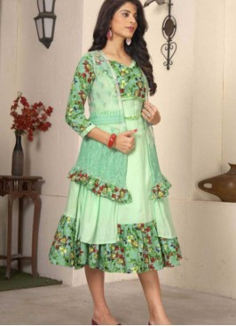 Green Color Rayon Kurti With Koti