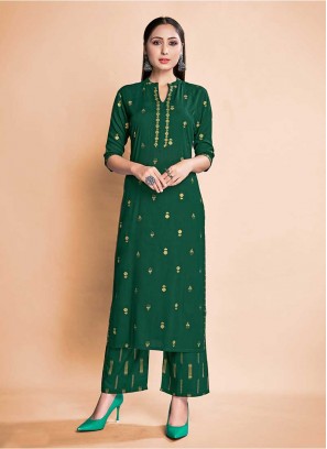 Green Color Rayon Kurti With Pants