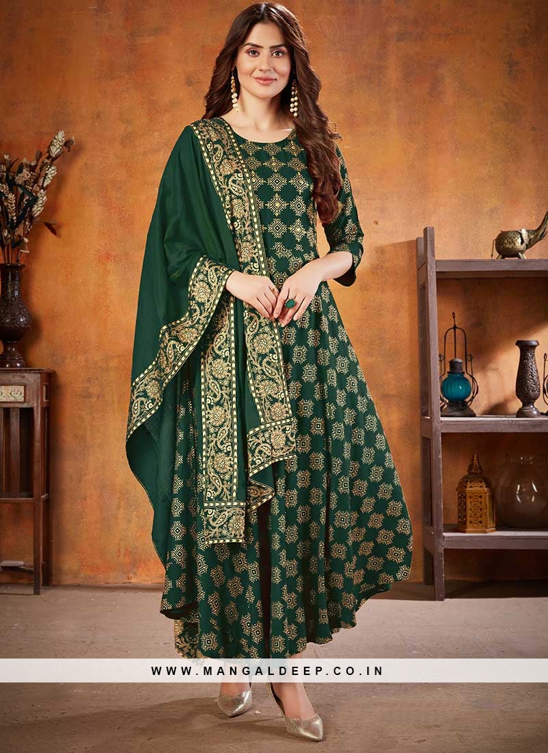 Green Color Rayon Printed Anarkali Suit