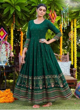 Green Color Rayon Printed Festive Wear Gown