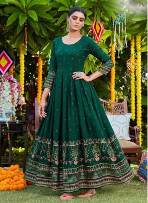 Green Color Rayon Printed Festive Wear Gown