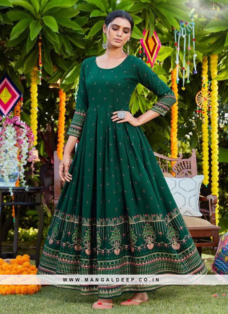 Green Color Rayon Printed Festive Wear Gown