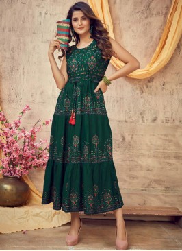 Green Color Rayon Printed Kurti